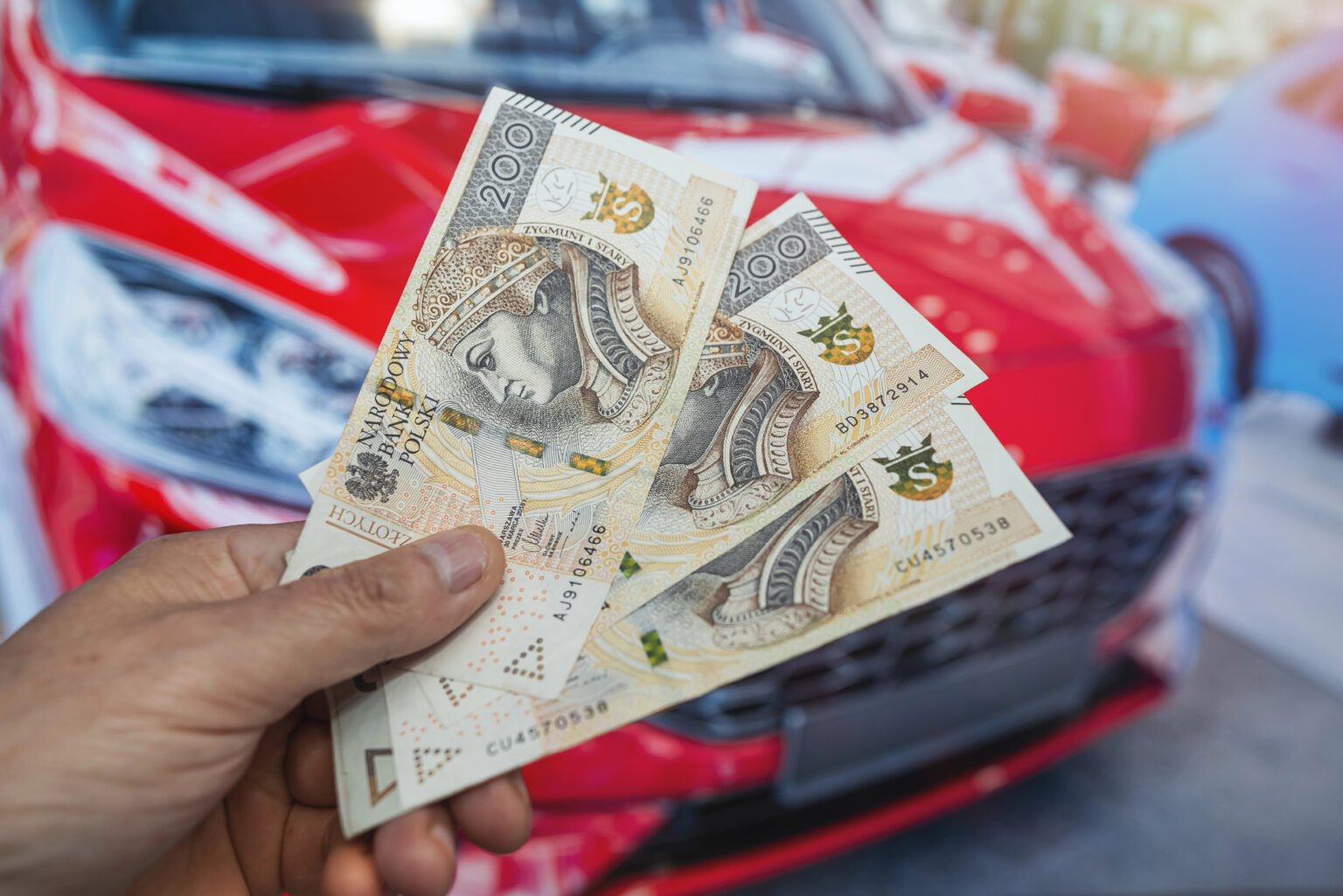 Польські банкноти в руці на тлі червоного автомобіля